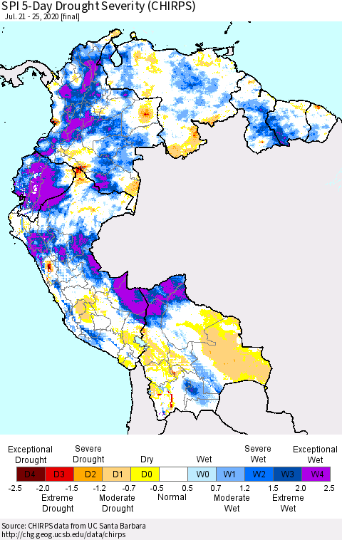 Northern South America SPI 5-Day Drought Severity (CHIRPS) Thematic Map For 7/21/2020 - 7/25/2020