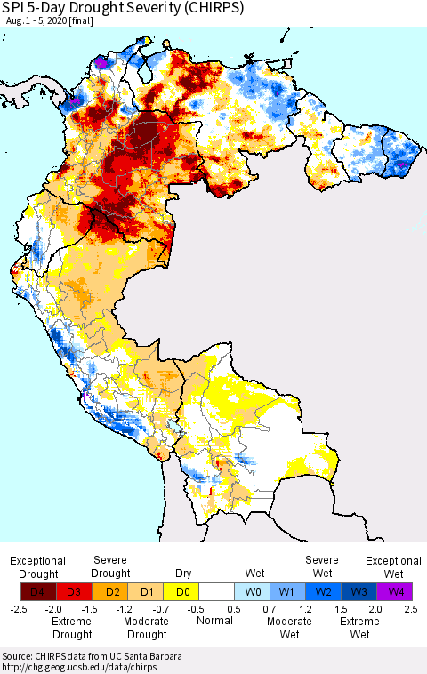 Northern South America SPI 5-Day Drought Severity (CHIRPS) Thematic Map For 8/1/2020 - 8/5/2020