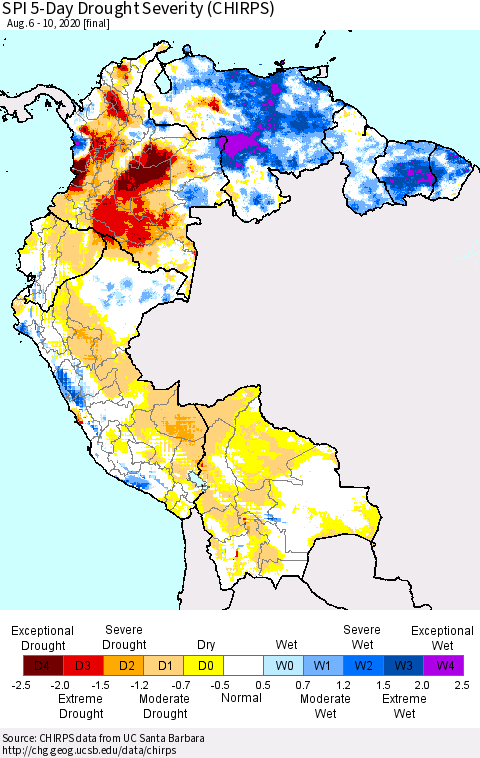 Northern South America SPI 5-Day Drought Severity (CHIRPS) Thematic Map For 8/6/2020 - 8/10/2020