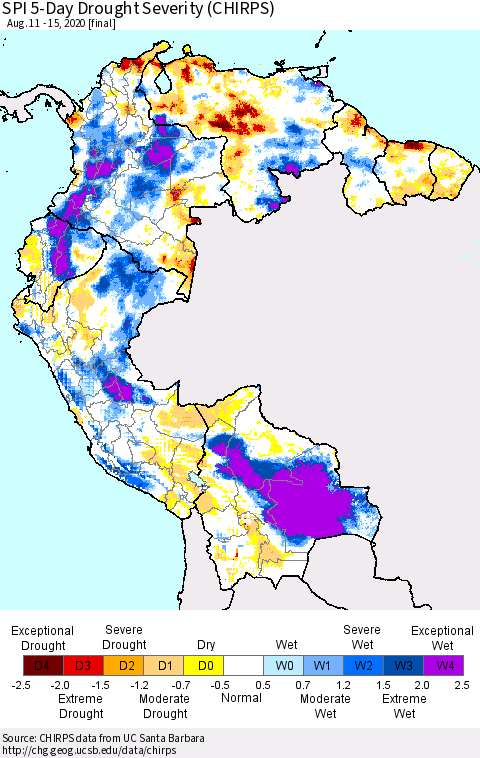 Northern South America SPI 5-Day Drought Severity (CHIRPS) Thematic Map For 8/11/2020 - 8/15/2020