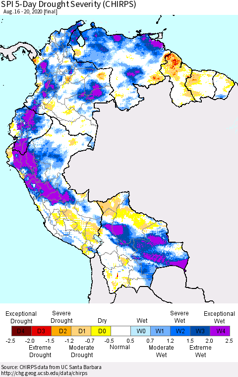 Northern South America SPI 5-Day Drought Severity (CHIRPS) Thematic Map For 8/16/2020 - 8/20/2020