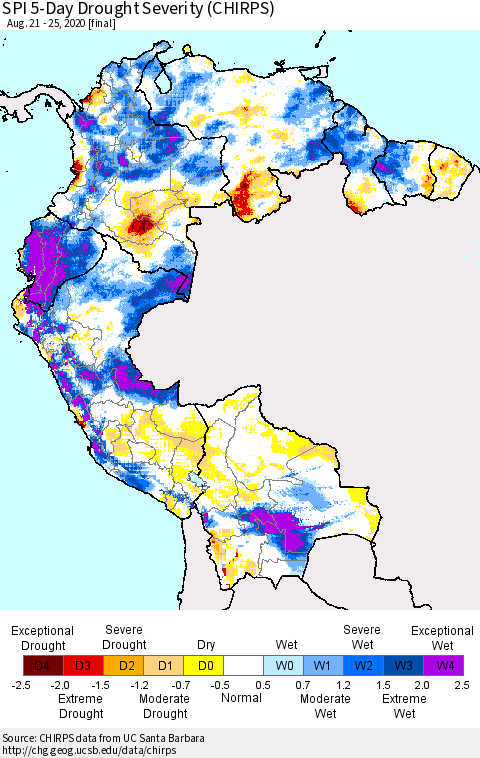 Northern South America SPI 5-Day Drought Severity (CHIRPS) Thematic Map For 8/21/2020 - 8/25/2020
