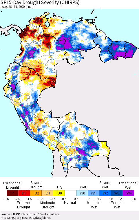 Northern South America SPI 5-Day Drought Severity (CHIRPS) Thematic Map For 8/26/2020 - 8/31/2020