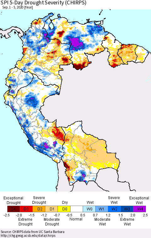 Northern South America SPI 5-Day Drought Severity (CHIRPS) Thematic Map For 9/1/2020 - 9/5/2020