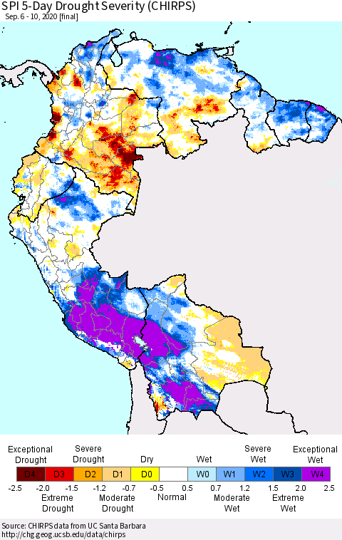 Northern South America SPI 5-Day Drought Severity (CHIRPS) Thematic Map For 9/6/2020 - 9/10/2020