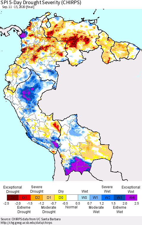 Northern South America SPI 5-Day Drought Severity (CHIRPS) Thematic Map For 9/11/2020 - 9/15/2020
