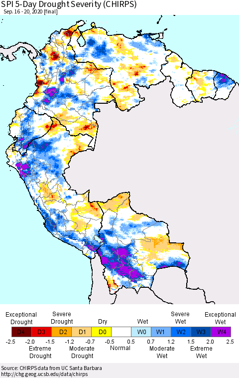 Northern South America SPI 5-Day Drought Severity (CHIRPS) Thematic Map For 9/16/2020 - 9/20/2020