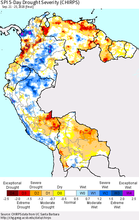 Northern South America SPI 5-Day Drought Severity (CHIRPS) Thematic Map For 9/21/2020 - 9/25/2020