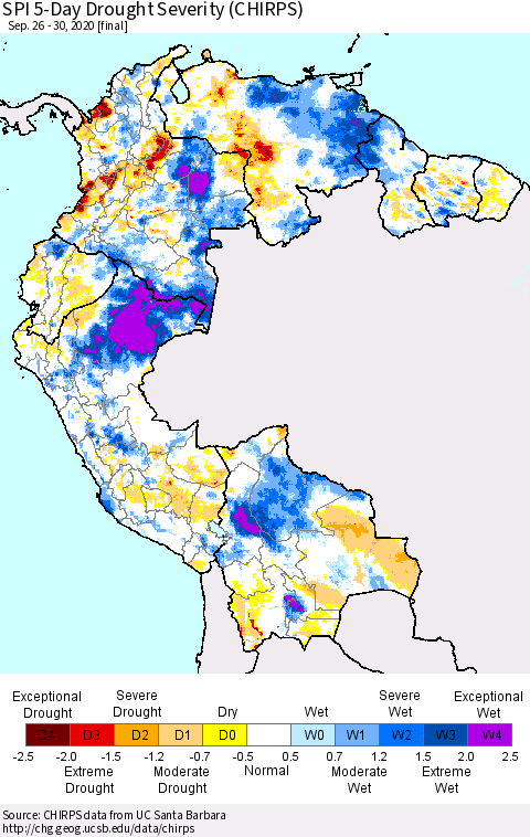Northern South America SPI 5-Day Drought Severity (CHIRPS) Thematic Map For 9/26/2020 - 9/30/2020
