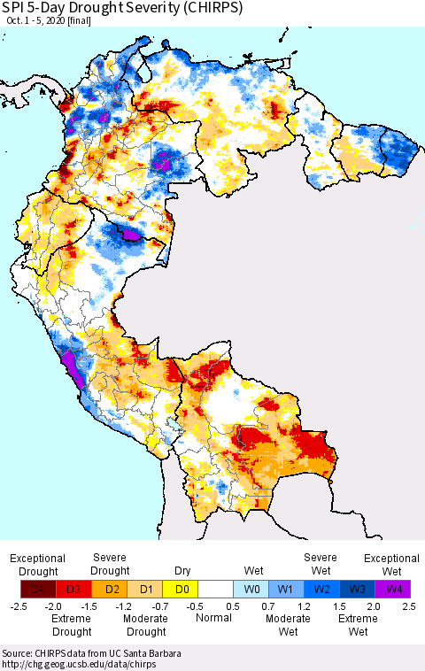 Northern South America SPI 5-Day Drought Severity (CHIRPS) Thematic Map For 10/1/2020 - 10/5/2020