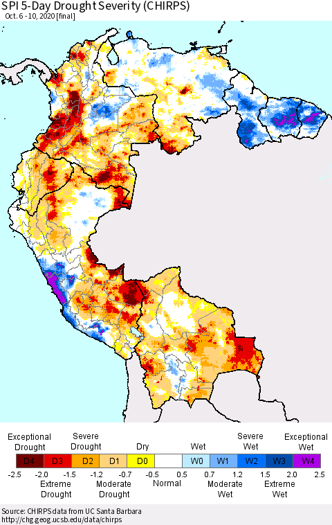 Northern South America SPI 5-Day Drought Severity (CHIRPS) Thematic Map For 10/6/2020 - 10/10/2020