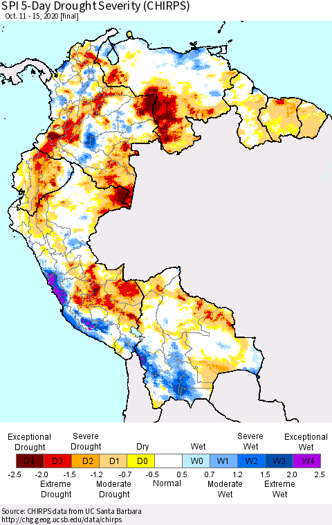 Northern South America SPI 5-Day Drought Severity (CHIRPS) Thematic Map For 10/11/2020 - 10/15/2020