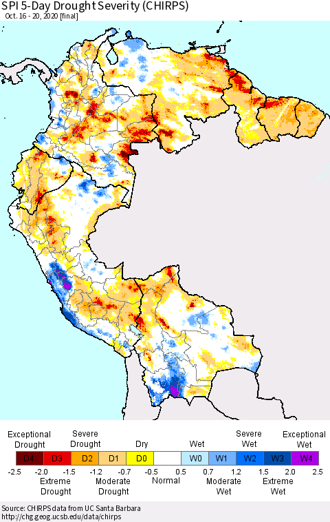 Northern South America SPI 5-Day Drought Severity (CHIRPS) Thematic Map For 10/16/2020 - 10/20/2020