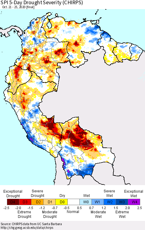Northern South America SPI 5-Day Drought Severity (CHIRPS) Thematic Map For 10/21/2020 - 10/25/2020