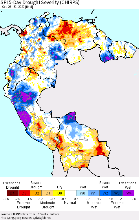 Northern South America SPI 5-Day Drought Severity (CHIRPS) Thematic Map For 10/26/2020 - 10/31/2020