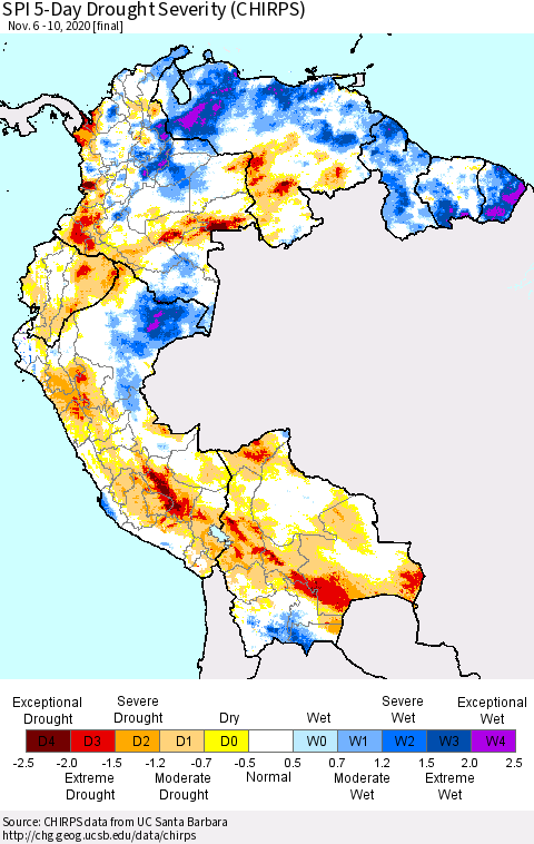 Northern South America SPI 5-Day Drought Severity (CHIRPS) Thematic Map For 11/6/2020 - 11/10/2020