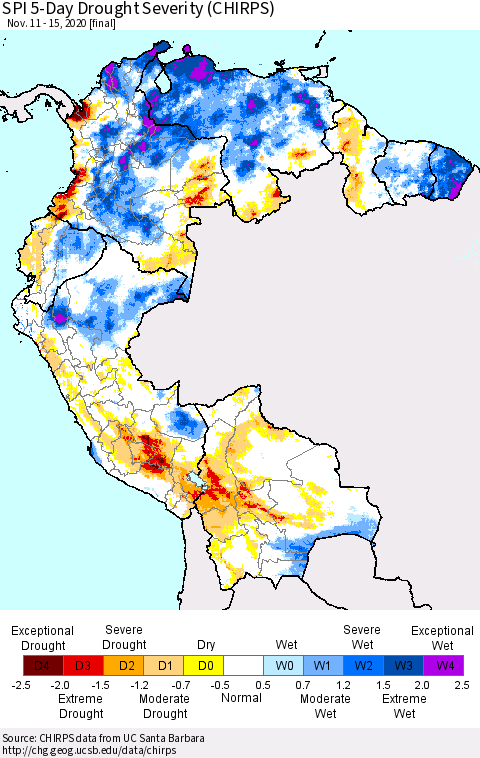 Northern South America SPI 5-Day Drought Severity (CHIRPS) Thematic Map For 11/11/2020 - 11/15/2020