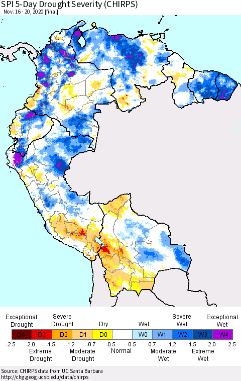 Northern South America SPI 5-Day Drought Severity (CHIRPS) Thematic Map For 11/16/2020 - 11/20/2020