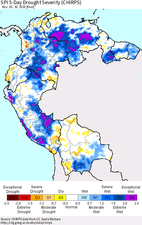 Northern South America SPI 5-Day Drought Severity (CHIRPS) Thematic Map For 11/26/2020 - 11/30/2020