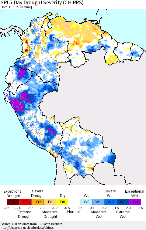 Northern South America SPI 5-Day Drought Severity (CHIRPS) Thematic Map For 12/1/2020 - 12/5/2020