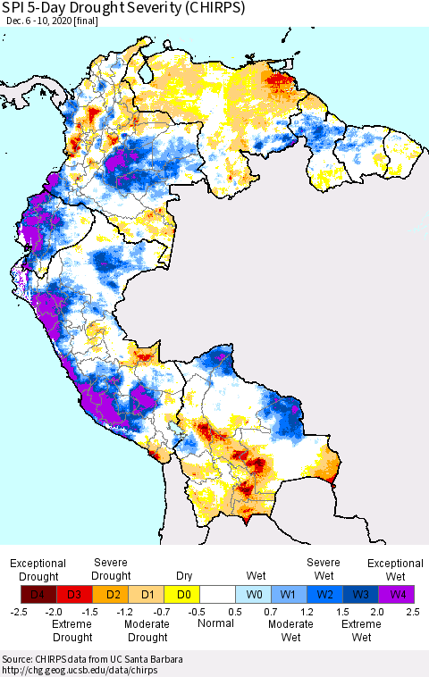 Northern South America SPI 5-Day Drought Severity (CHIRPS) Thematic Map For 12/6/2020 - 12/10/2020