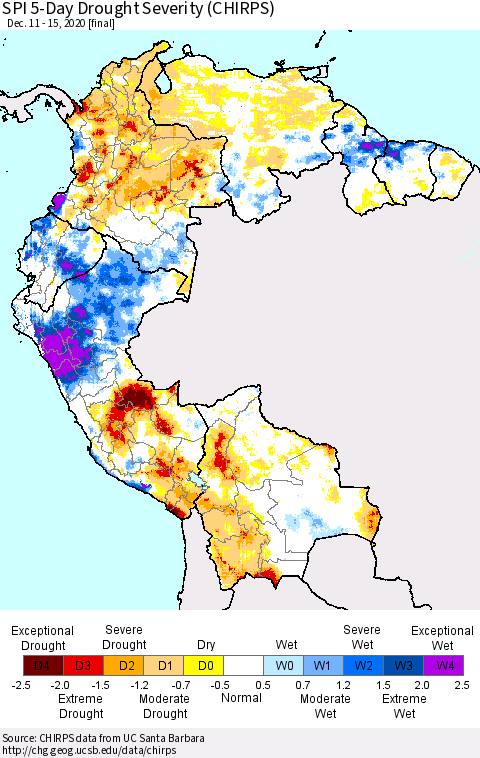 Northern South America SPI 5-Day Drought Severity (CHIRPS) Thematic Map For 12/11/2020 - 12/15/2020