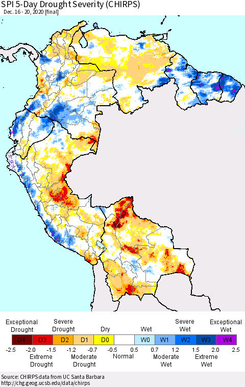 Northern South America SPI 5-Day Drought Severity (CHIRPS) Thematic Map For 12/16/2020 - 12/20/2020