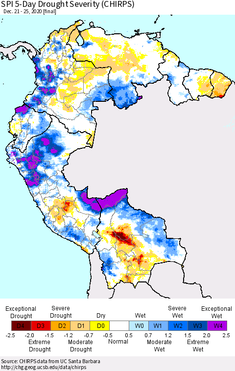 Northern South America SPI 5-Day Drought Severity (CHIRPS) Thematic Map For 12/21/2020 - 12/25/2020