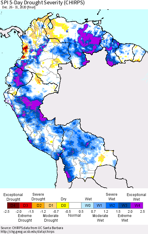 Northern South America SPI 5-Day Drought Severity (CHIRPS) Thematic Map For 12/26/2020 - 12/31/2020