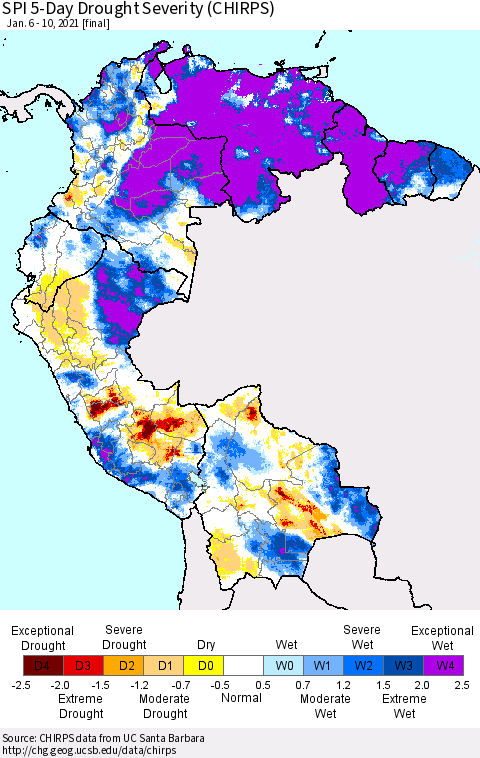 Northern South America SPI 5-Day Drought Severity (CHIRPS) Thematic Map For 1/6/2021 - 1/10/2021