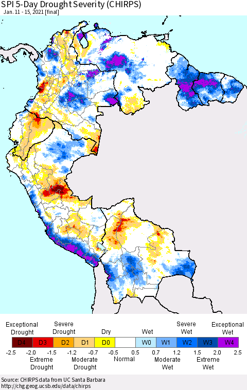 Northern South America SPI 5-Day Drought Severity (CHIRPS) Thematic Map For 1/11/2021 - 1/15/2021