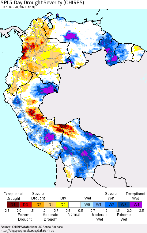 Northern South America SPI 5-Day Drought Severity (CHIRPS) Thematic Map For 1/16/2021 - 1/20/2021