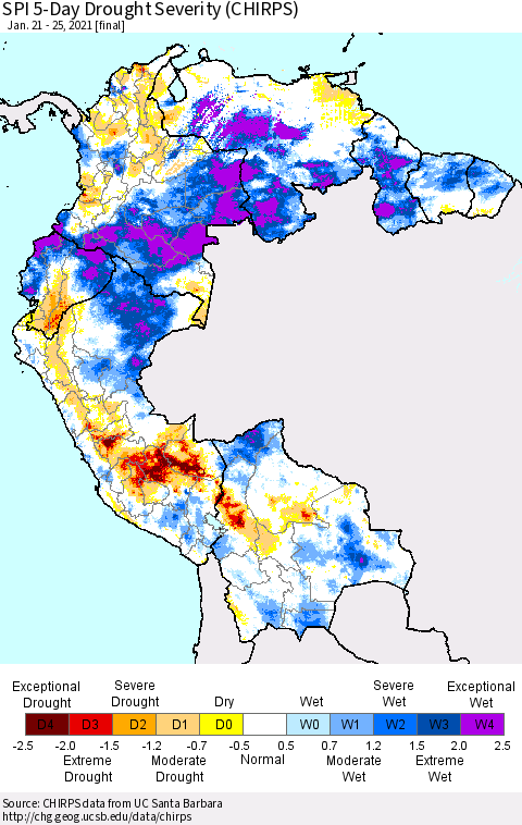 Northern South America SPI 5-Day Drought Severity (CHIRPS) Thematic Map For 1/21/2021 - 1/25/2021