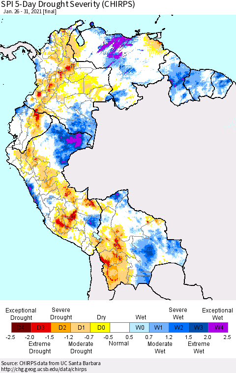 Northern South America SPI 5-Day Drought Severity (CHIRPS) Thematic Map For 1/26/2021 - 1/31/2021