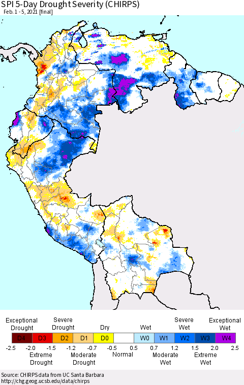 Northern South America SPI 5-Day Drought Severity (CHIRPS) Thematic Map For 2/1/2021 - 2/5/2021