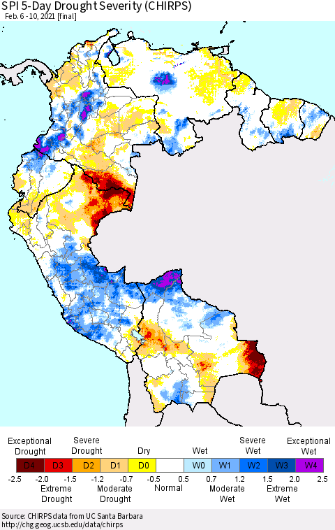 Northern South America SPI 5-Day Drought Severity (CHIRPS) Thematic Map For 2/6/2021 - 2/10/2021