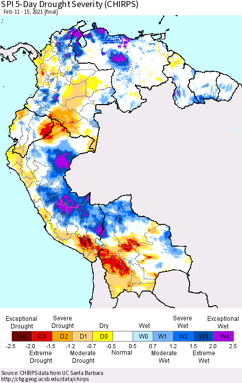 Northern South America SPI 5-Day Drought Severity (CHIRPS) Thematic Map For 2/11/2021 - 2/15/2021