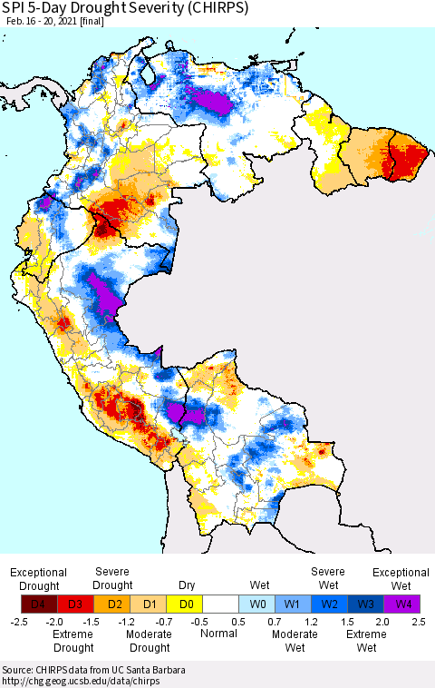 Northern South America SPI 5-Day Drought Severity (CHIRPS) Thematic Map For 2/16/2021 - 2/20/2021
