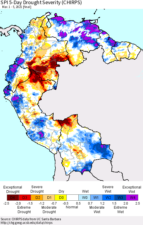 Northern South America SPI 5-Day Drought Severity (CHIRPS) Thematic Map For 3/1/2021 - 3/5/2021