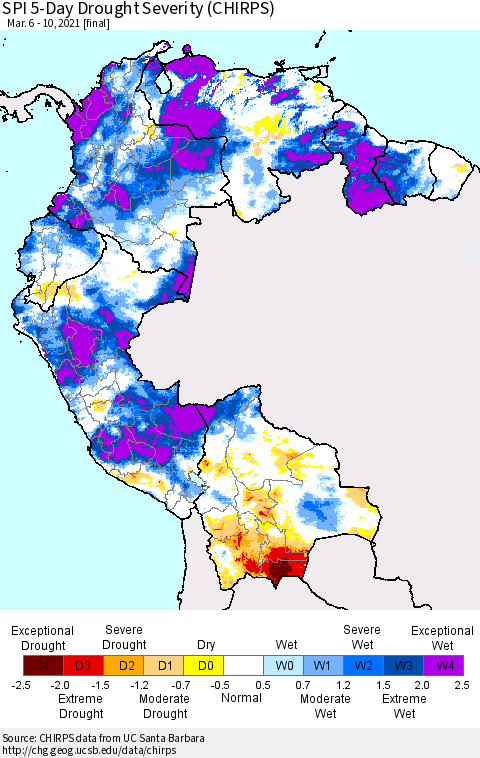 Northern South America SPI 5-Day Drought Severity (CHIRPS) Thematic Map For 3/6/2021 - 3/10/2021