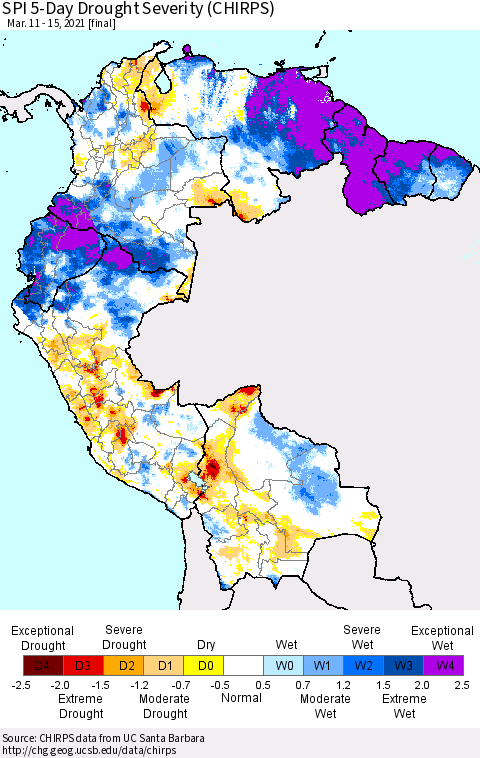 Northern South America SPI 5-Day Drought Severity (CHIRPS) Thematic Map For 3/11/2021 - 3/15/2021
