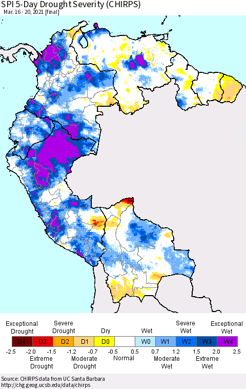 Northern South America SPI 5-Day Drought Severity (CHIRPS) Thematic Map For 3/16/2021 - 3/20/2021