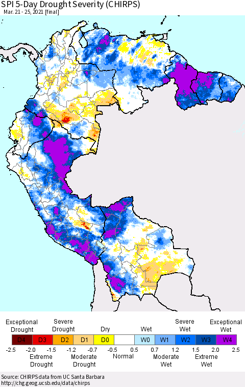 Northern South America SPI 5-Day Drought Severity (CHIRPS) Thematic Map For 3/21/2021 - 3/25/2021