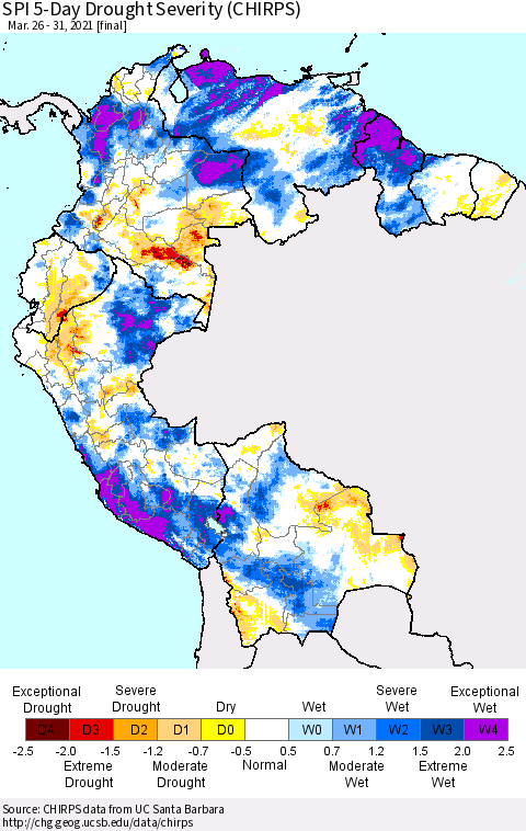 Northern South America SPI 5-Day Drought Severity (CHIRPS) Thematic Map For 3/26/2021 - 3/31/2021