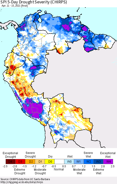 Northern South America SPI 5-Day Drought Severity (CHIRPS) Thematic Map For 4/11/2021 - 4/15/2021