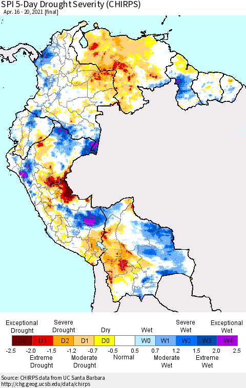 Northern South America SPI 5-Day Drought Severity (CHIRPS) Thematic Map For 4/16/2021 - 4/20/2021