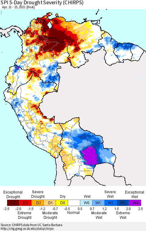 Northern South America SPI 5-Day Drought Severity (CHIRPS) Thematic Map For 4/21/2021 - 4/25/2021
