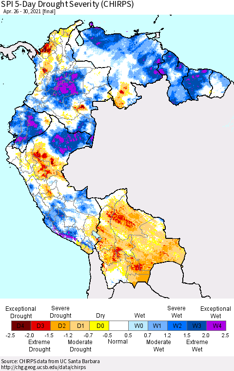 Northern South America SPI 5-Day Drought Severity (CHIRPS) Thematic Map For 4/26/2021 - 4/30/2021