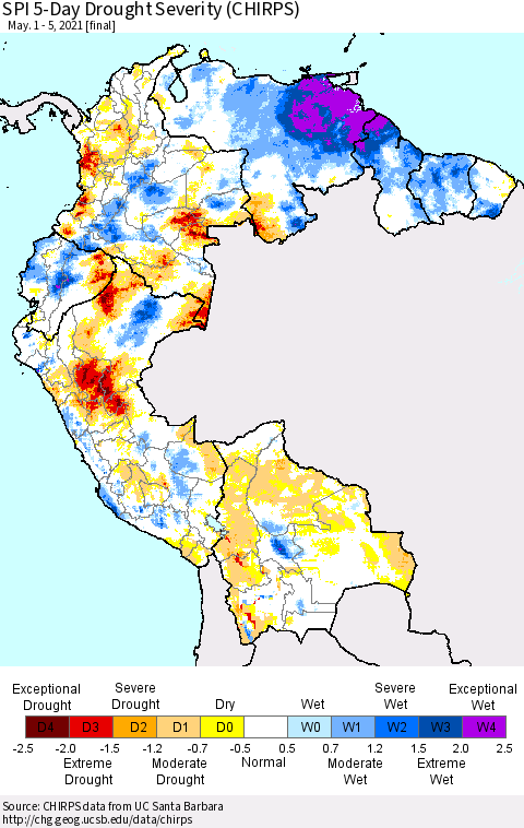 Northern South America SPI 5-Day Drought Severity (CHIRPS) Thematic Map For 5/1/2021 - 5/5/2021