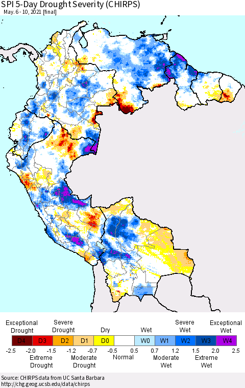 Northern South America SPI 5-Day Drought Severity (CHIRPS) Thematic Map For 5/6/2021 - 5/10/2021